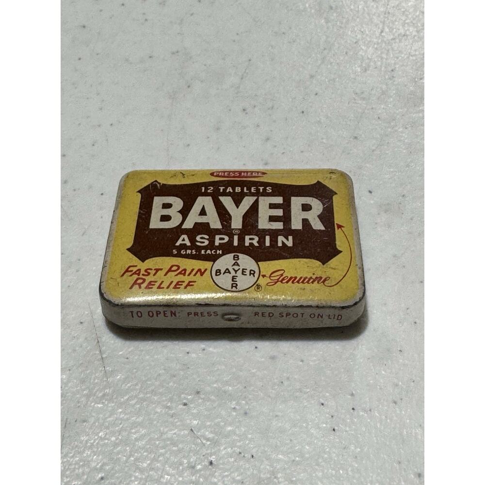 Vintage Bayer Aspirin Tablets EMPTY Yellow/Brown Tin 1.75" X 1.375” Nice Shape